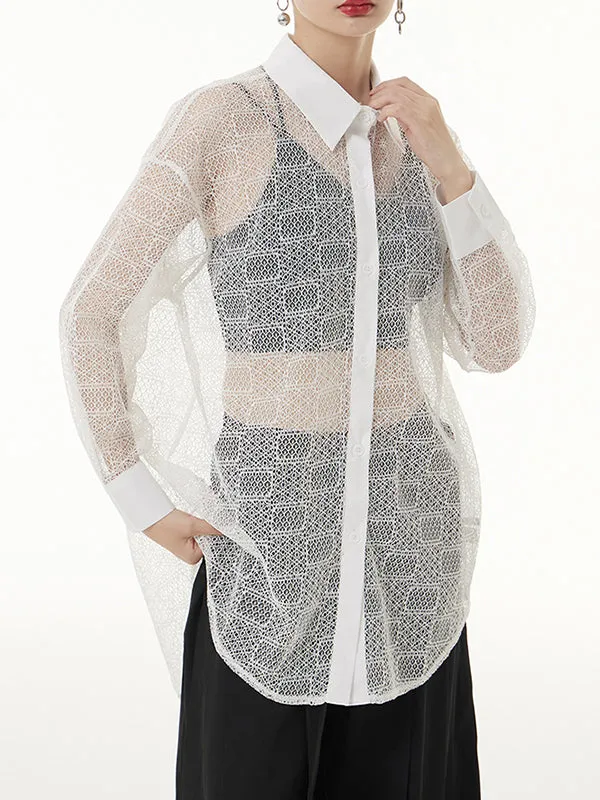 Lacy See-Through Solid Color Long Sleeves Loose Lapel Blouses&shirts Tops