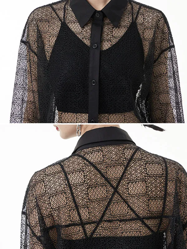 Lacy See-Through Solid Color Long Sleeves Loose Lapel Blouses&shirts Tops
