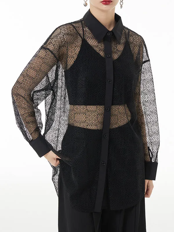 Lacy See-Through Solid Color Long Sleeves Loose Lapel Blouses&shirts Tops