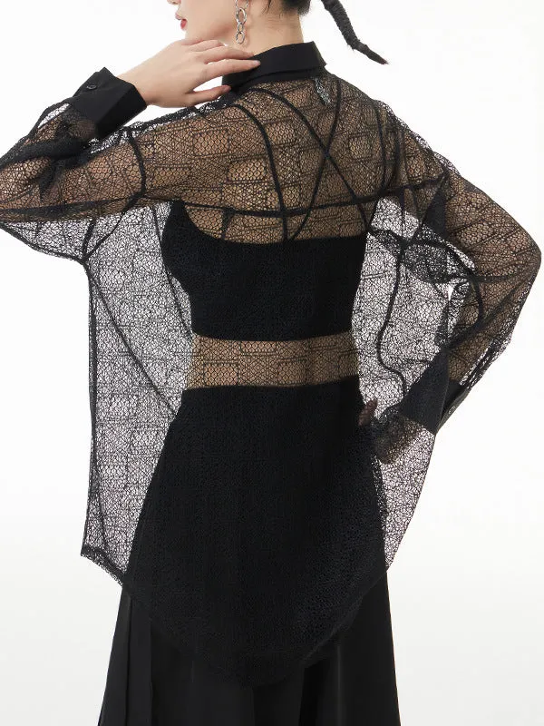 Lacy See-Through Solid Color Long Sleeves Loose Lapel Blouses&shirts Tops