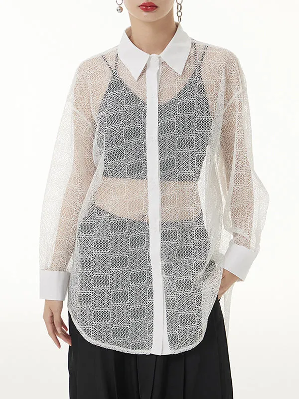 Lacy See-Through Solid Color Long Sleeves Loose Lapel Blouses&shirts Tops