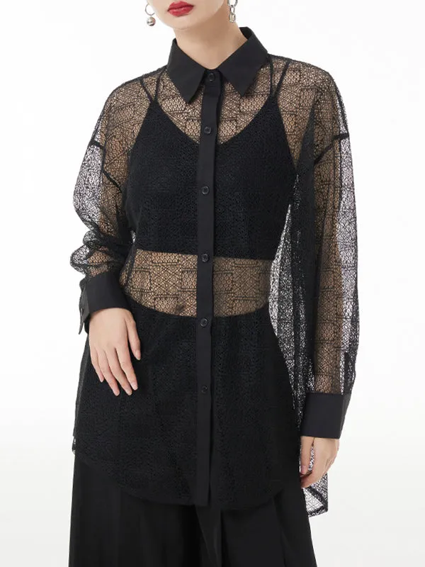 Lacy See-Through Solid Color Long Sleeves Loose Lapel Blouses&shirts Tops