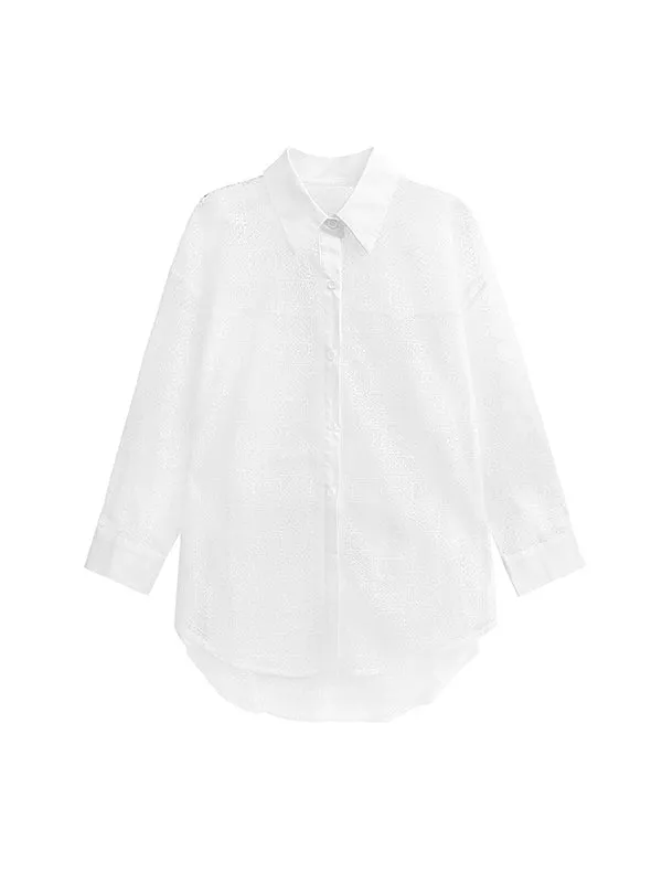 Lacy See-Through Solid Color Long Sleeves Loose Lapel Blouses&shirts Tops