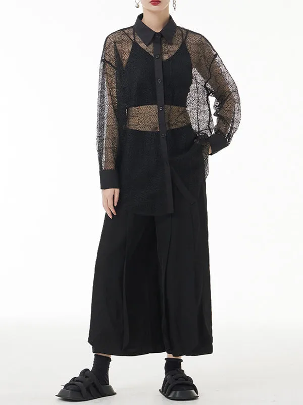 Lacy See-Through Solid Color Long Sleeves Loose Lapel Blouses&shirts Tops