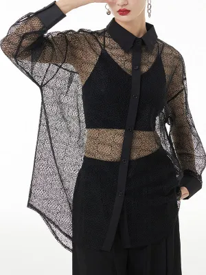 Lacy See-Through Solid Color Long Sleeves Loose Lapel Blouses&shirts Tops