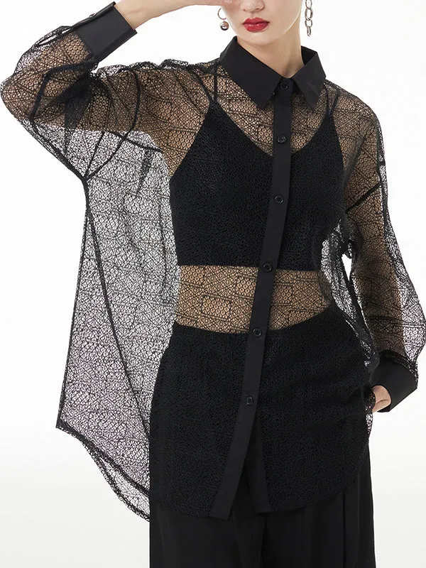 Lacy See-Through Solid Color Long Sleeves Loose Lapel Blouses&shirts Tops