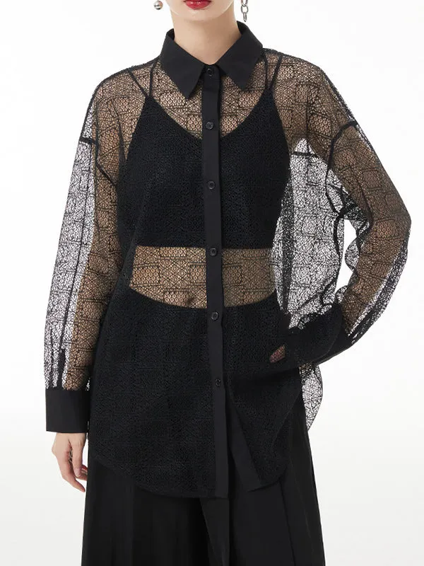 Lacy See-Through Solid Color Long Sleeves Loose Lapel Blouses&shirts Tops