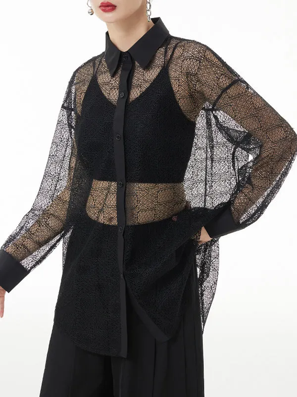 Lacy See-Through Solid Color Long Sleeves Loose Lapel Blouses&shirts Tops