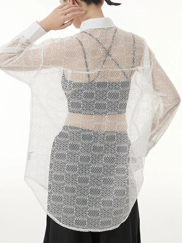 Lacy See-Through Solid Color Long Sleeves Loose Lapel Blouses&shirts Tops