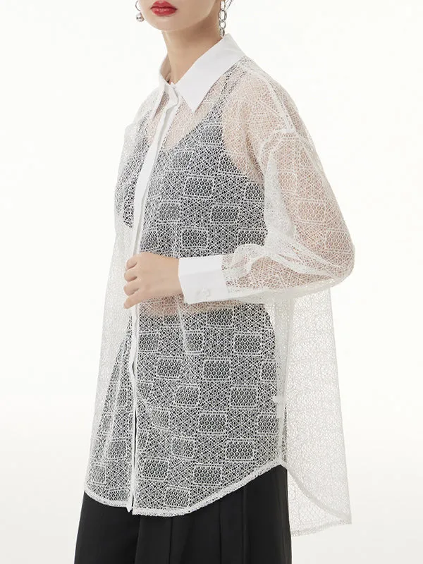 Lacy See-Through Solid Color Long Sleeves Loose Lapel Blouses&shirts Tops