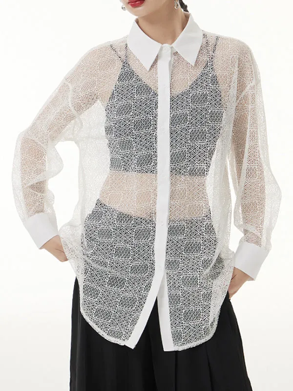 Lacy See-Through Solid Color Long Sleeves Loose Lapel Blouses&shirts Tops