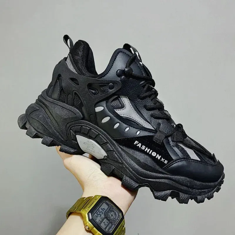 Luxury Men’s Vulcanized Shoes – Chunky Sneakers, High-Fashion Black Stylish Running Footwear