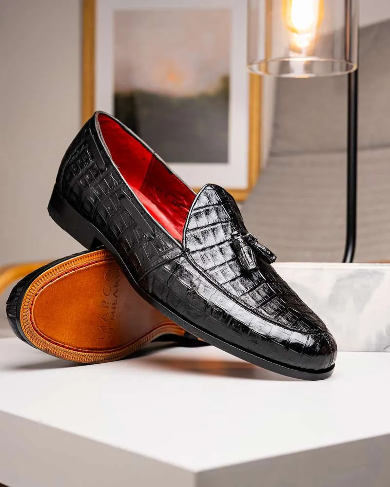 Marco Di Milano Bianchi Black Caiman Crocodile Tassel Loafers