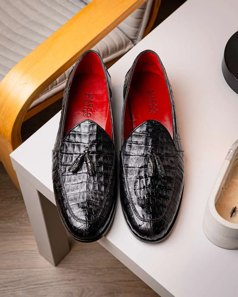 Marco Di Milano Bianchi Black Caiman Crocodile Tassel Loafers