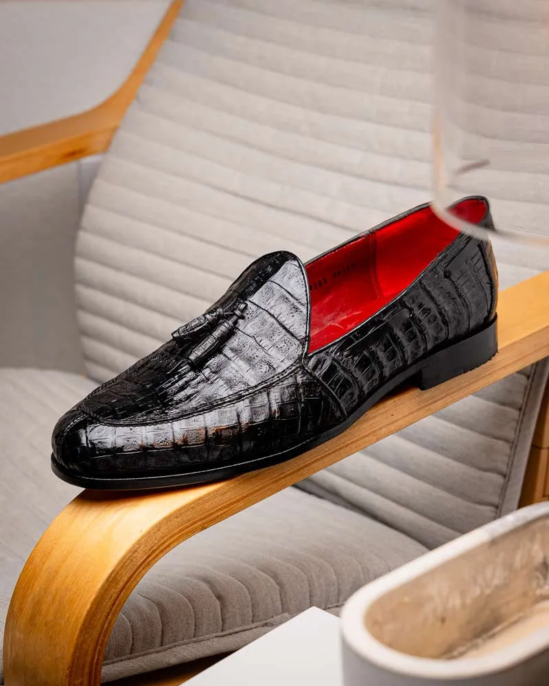 Marco Di Milano Bianchi Black Caiman Crocodile Tassel Loafers