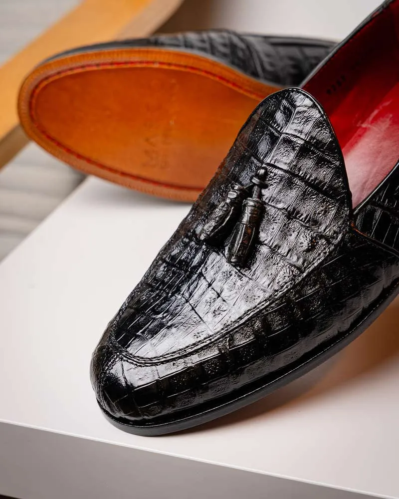 Marco Di Milano Bianchi Black Caiman Crocodile Tassel Loafers