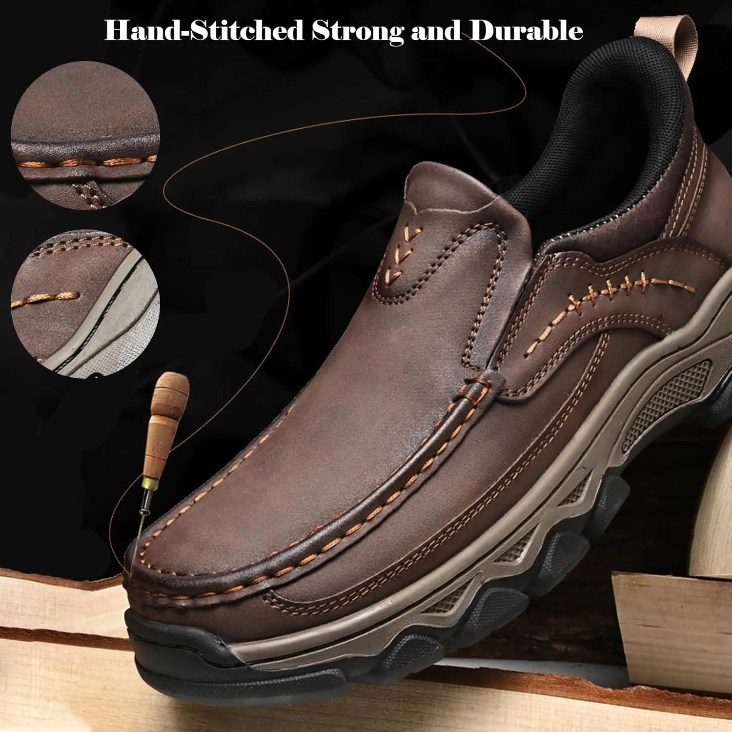 Men's Slip On Loafers, Lightweight Walking Sneakers, Casual Outdoor Leather Shoes, Comfortable Hiking Shoes for Travel, Camping, Running