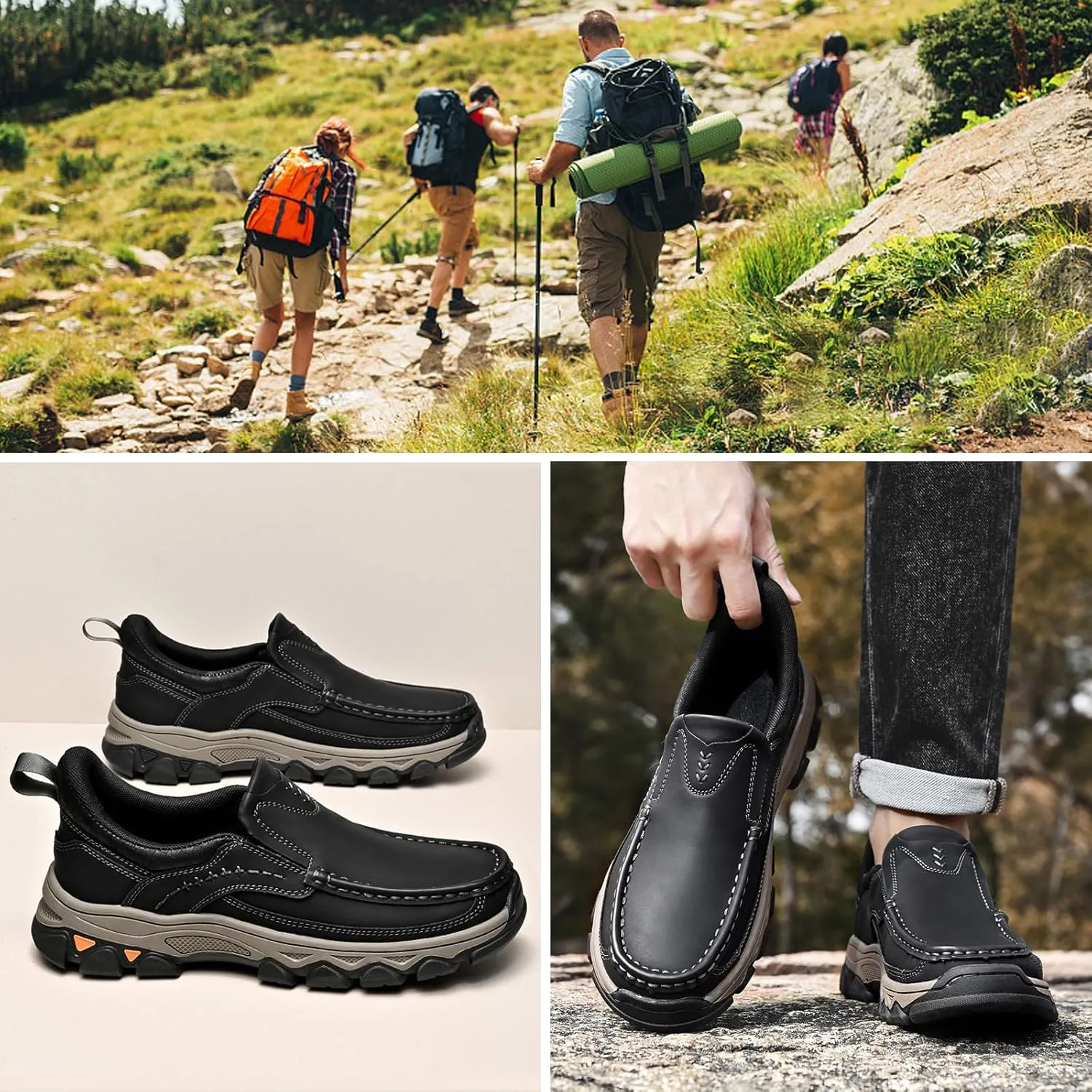 Men's Slip On Loafers, Lightweight Walking Sneakers, Casual Outdoor Leather Shoes, Comfortable Hiking Shoes for Travel, Camping, Running