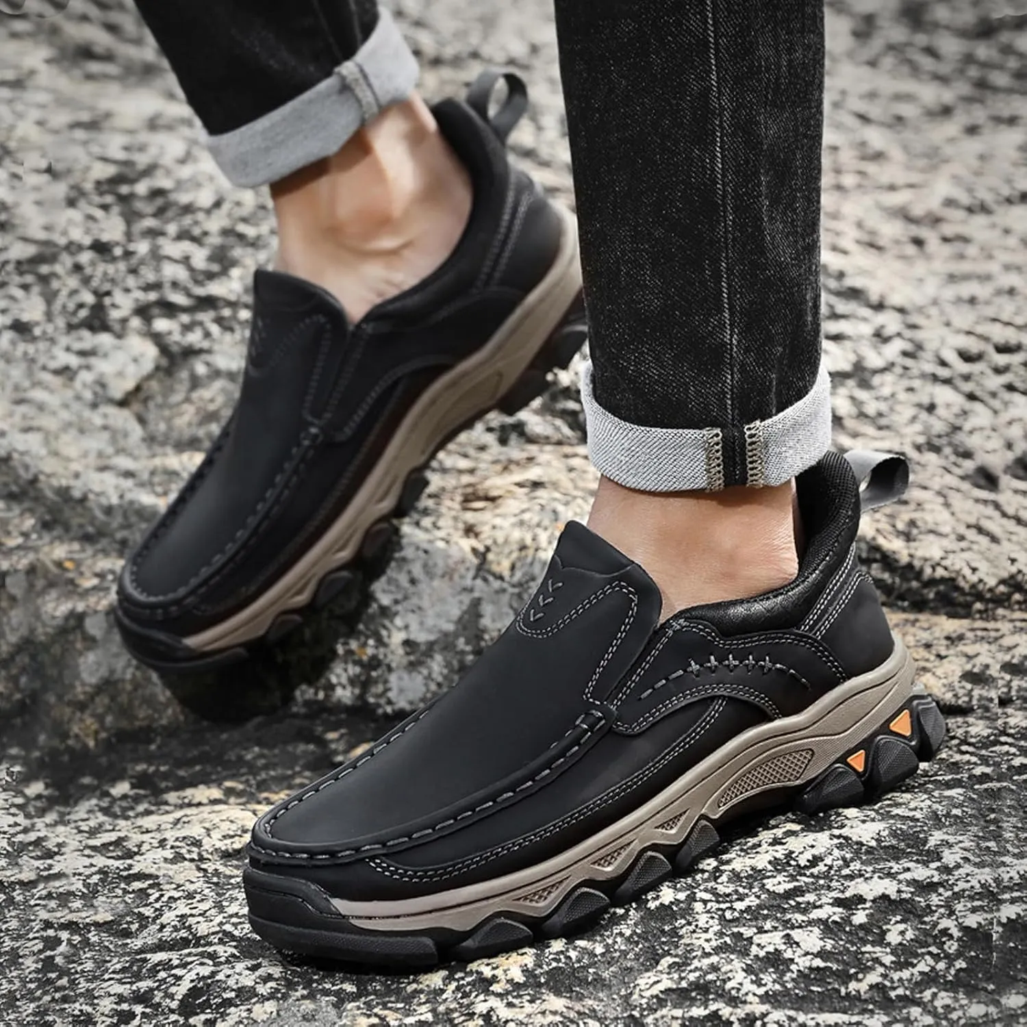 Men's Slip On Loafers, Lightweight Walking Sneakers, Casual Outdoor Leather Shoes, Comfortable Hiking Shoes for Travel, Camping, Running