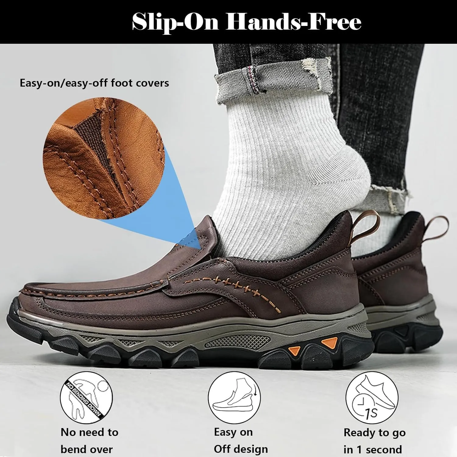 Men's Slip On Loafers, Lightweight Walking Sneakers, Casual Outdoor Leather Shoes, Comfortable Hiking Shoes for Travel, Camping, Running
