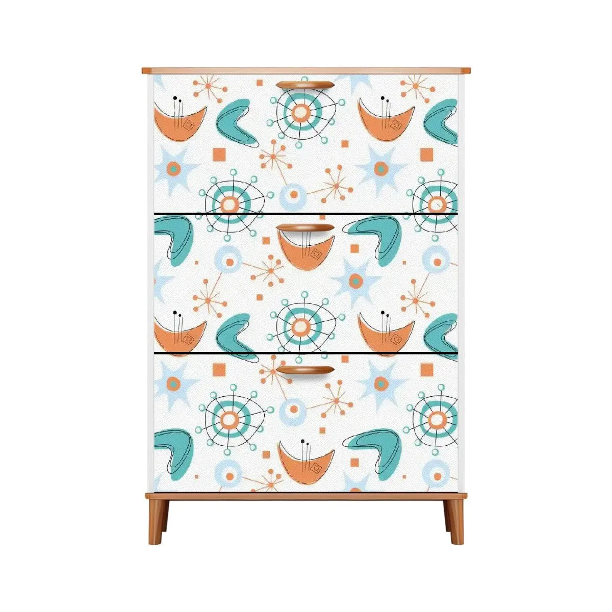 Mid Century Modern Flip Drawer Shoe Cabinet, Atomic Boomerang Starburst Design, Retro MCM Entryway Organizer