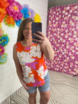ORANGE FLORAL SLEEVELESS WOVEN TANK
