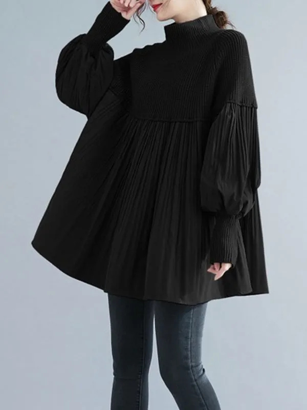 Pleated Split-Joint Long Sleeves Loose High Neck Sweater Tops