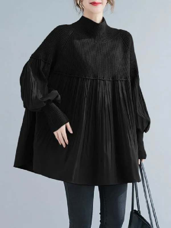 Pleated Split-Joint Long Sleeves Loose High Neck Sweater Tops