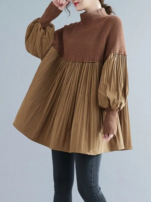 Pleated Split-Joint Long Sleeves Loose High Neck Sweater Tops