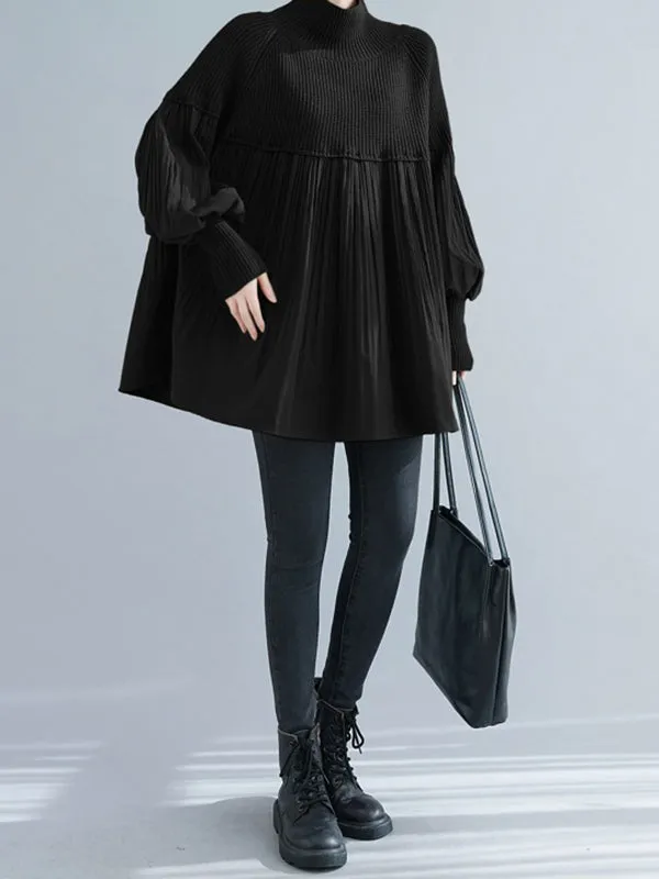 Pleated Split-Joint Long Sleeves Loose High Neck Sweater Tops