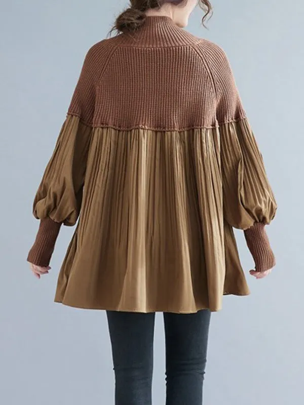 Pleated Split-Joint Long Sleeves Loose High Neck Sweater Tops