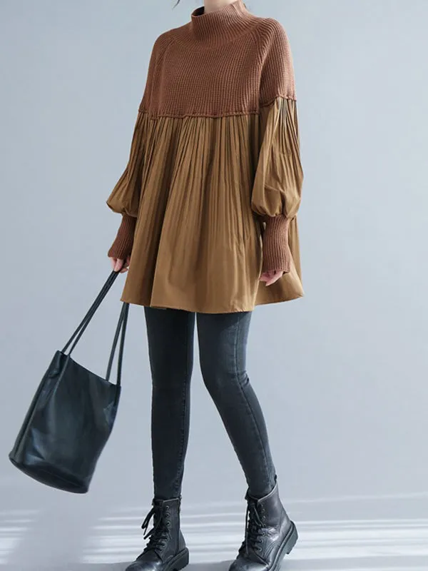 Pleated Split-Joint Long Sleeves Loose High Neck Sweater Tops