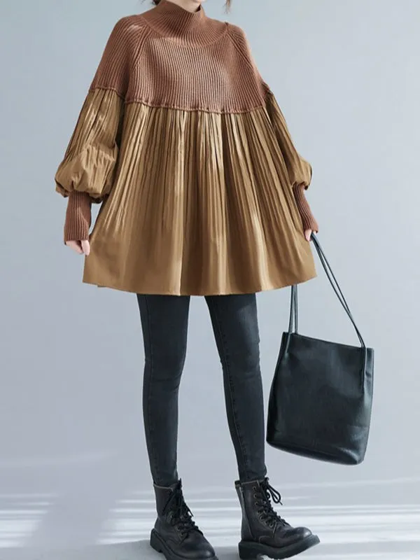 Pleated Split-Joint Long Sleeves Loose High Neck Sweater Tops