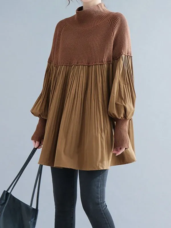 Pleated Split-Joint Long Sleeves Loose High Neck Sweater Tops