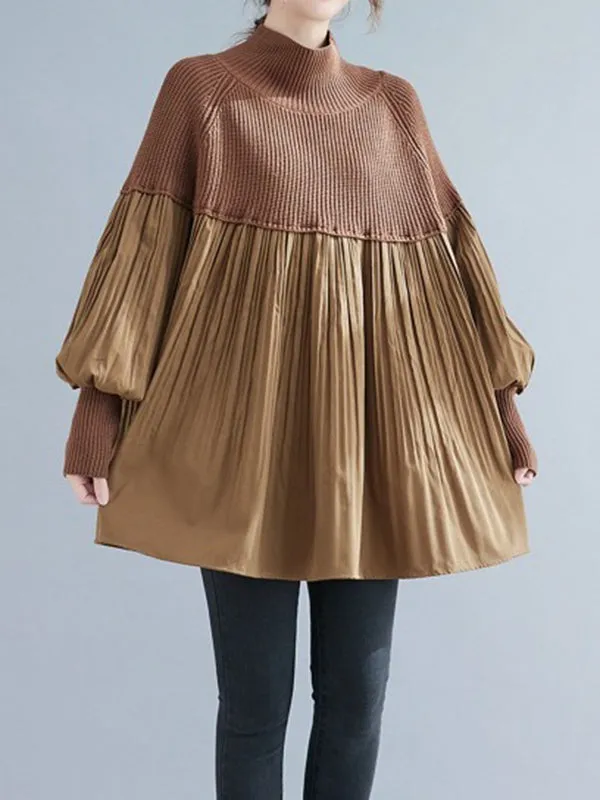 Pleated Split-Joint Long Sleeves Loose High Neck Sweater Tops