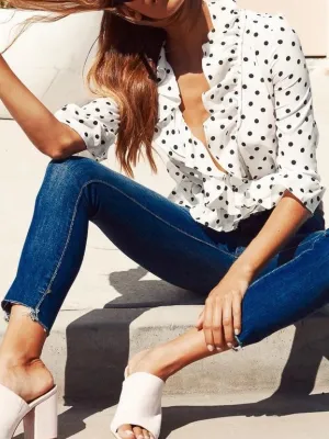 Polka-dot V-neck fashion casual ladies top