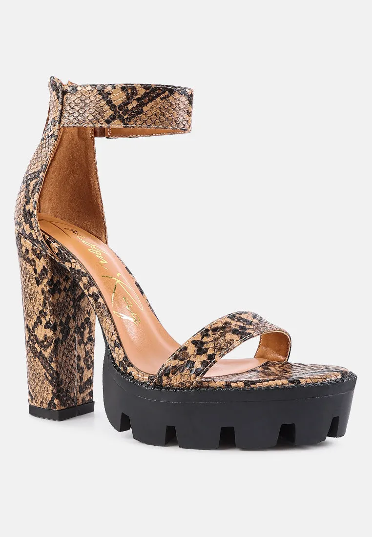 rattle snake print chunky high block heel sandals
