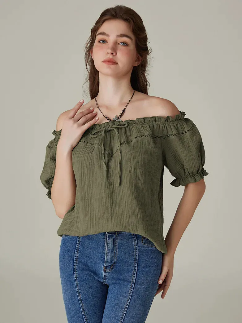 Renaissance Cotton Crew Neck Off Shoulder Lace-up Tops