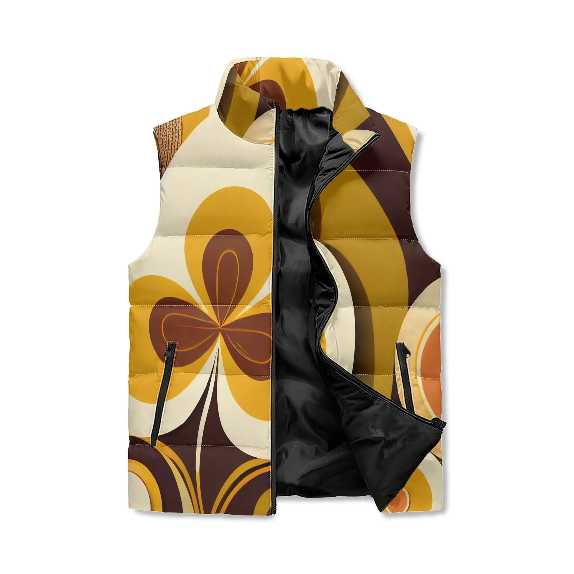 Retro Groovy Hippie Flower Power Puffer Vest, Mid Mod Floral Fall Outerwear