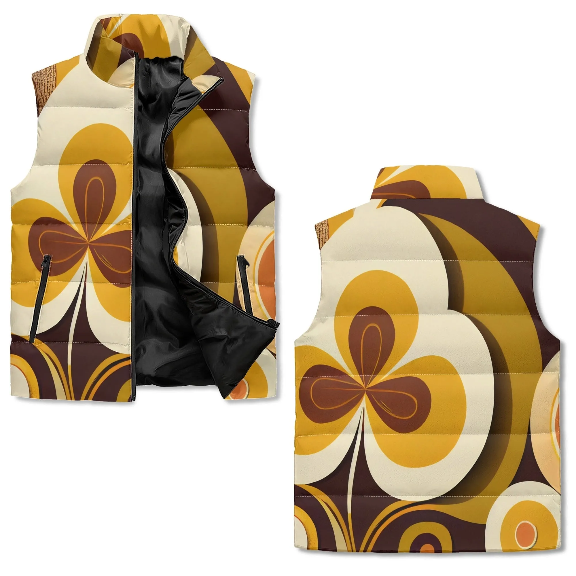Retro Groovy Hippie Flower Power Puffer Vest, Mid Mod Floral Fall Outerwear