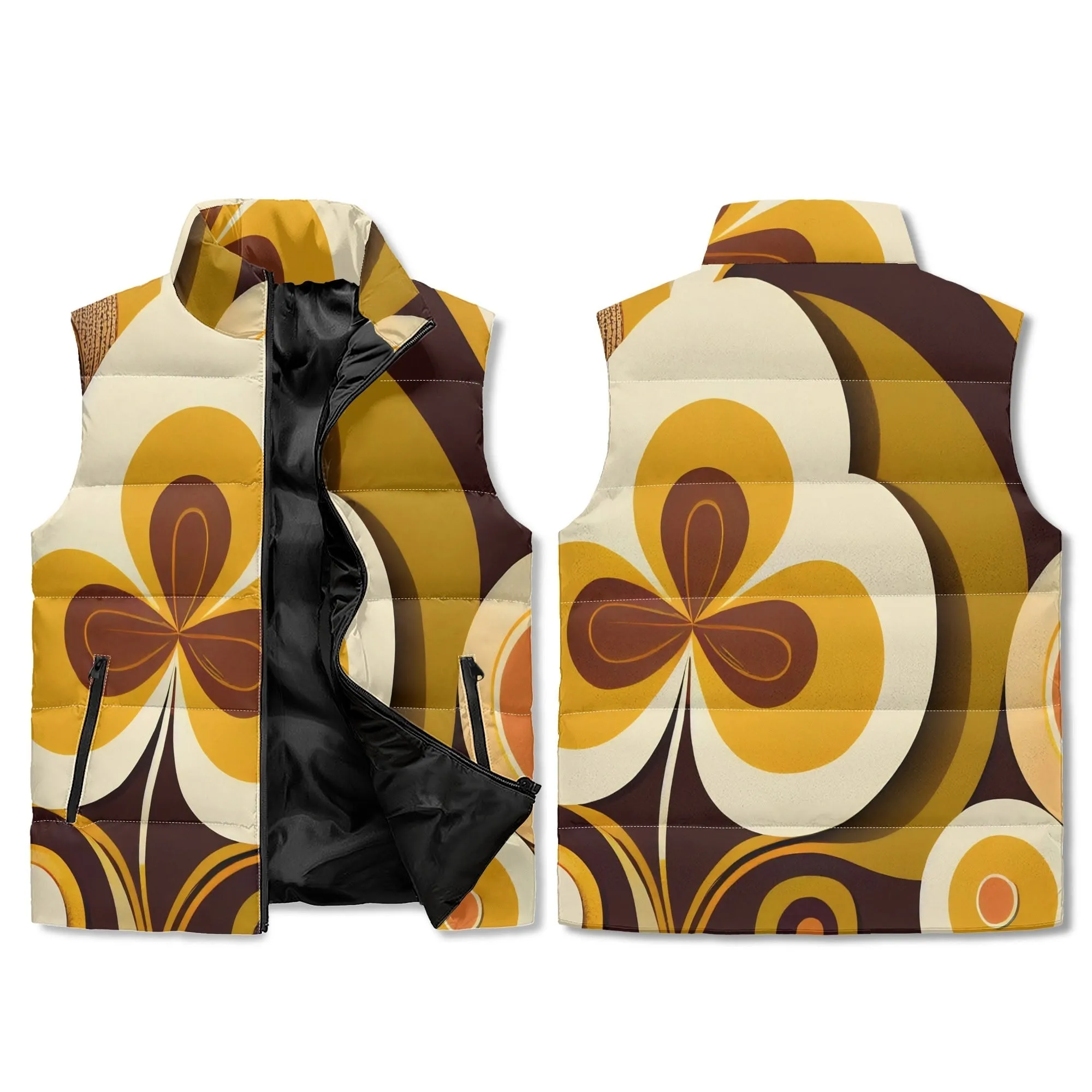 Retro Groovy Hippie Flower Power Puffer Vest, Mid Mod Floral Fall Outerwear