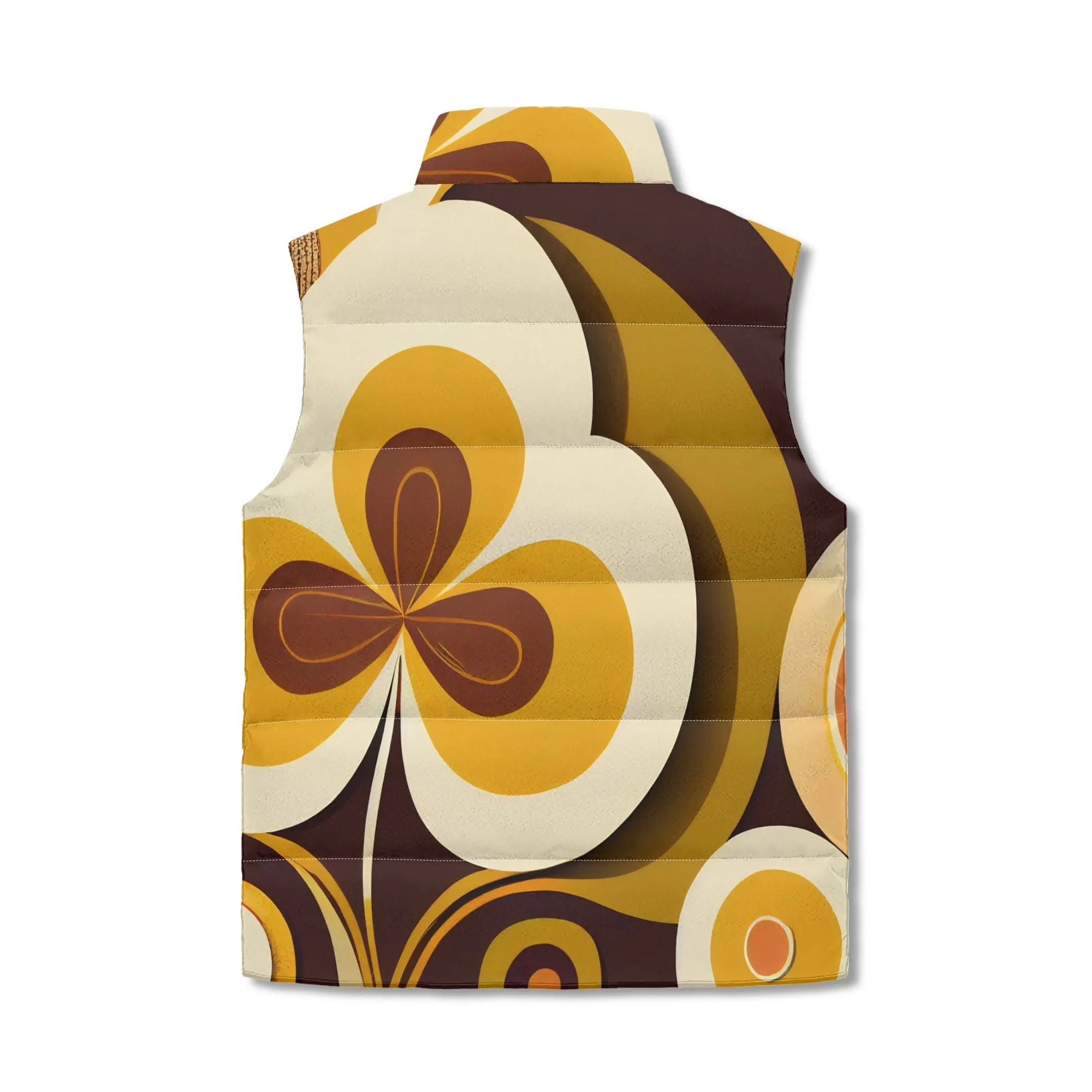 Retro Groovy Hippie Flower Power Puffer Vest, Mid Mod Floral Fall Outerwear
