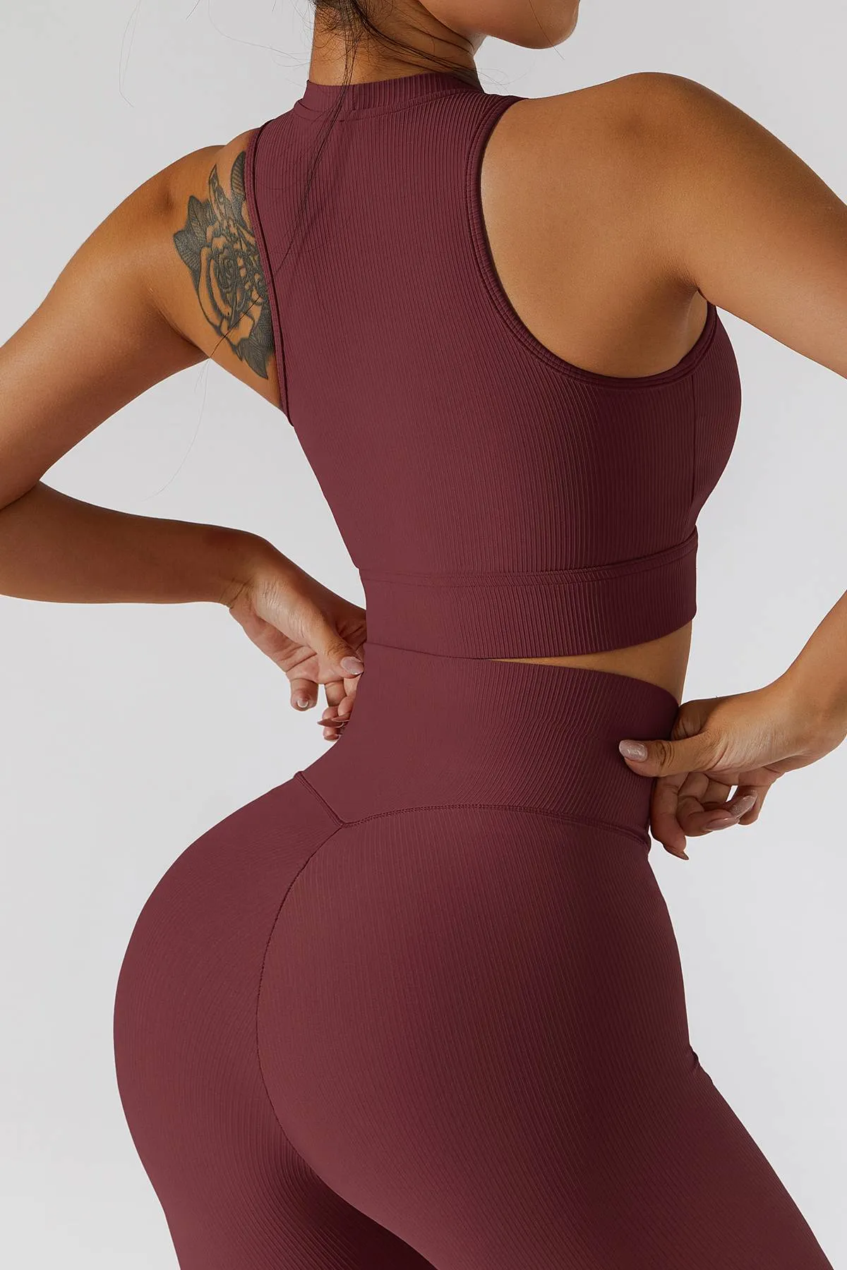 Ribbed Keyhole Zip Crop Tops Buit-in Bra