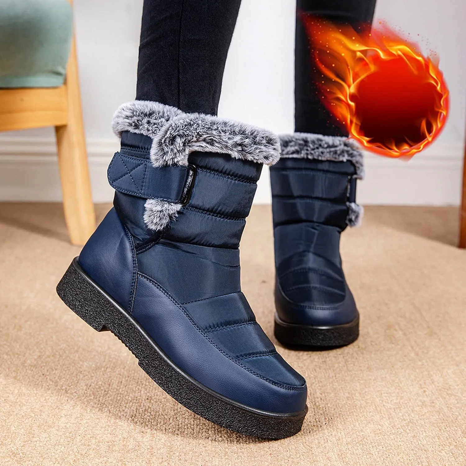 Snow Boots for Women Warm Fur Lined Ankle Boots Winter Comfy Flat Heel Booties Outdoor Waterproof Short Shoes