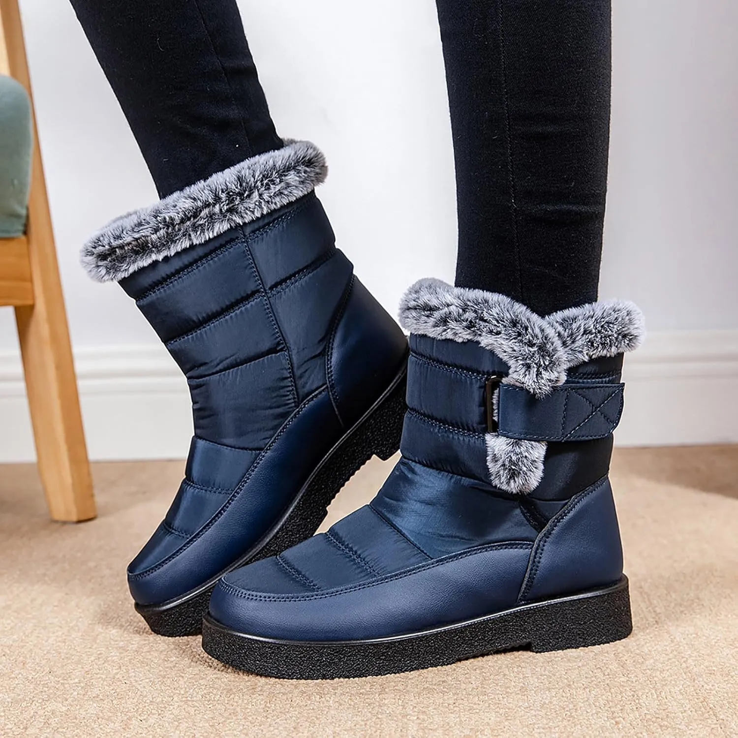 Snow Boots for Women Warm Fur Lined Ankle Boots Winter Comfy Flat Heel Booties Outdoor Waterproof Short Shoes