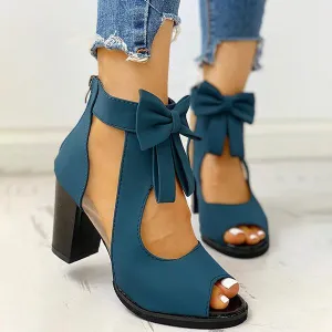 Sohiwoo Mesh Chunky Block Heels Bowknot Strappy Sandals