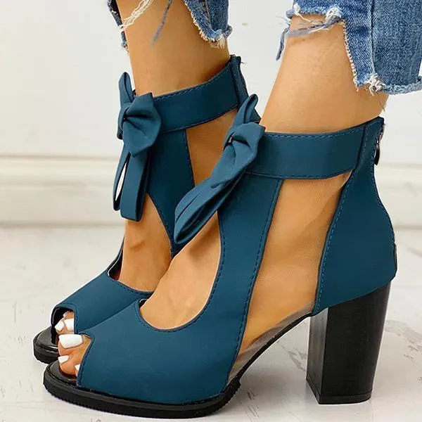 Sohiwoo Mesh Chunky Block Heels Bowknot Strappy Sandals
