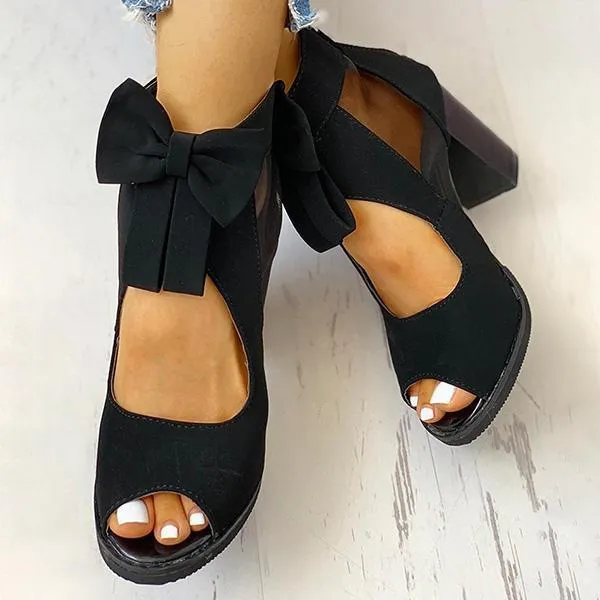 Sohiwoo Mesh Chunky Block Heels Bowknot Strappy Sandals