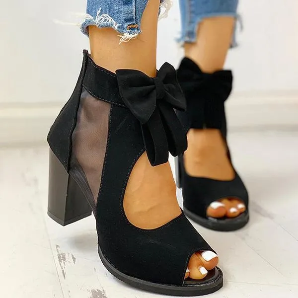 Sohiwoo Mesh Chunky Block Heels Bowknot Strappy Sandals