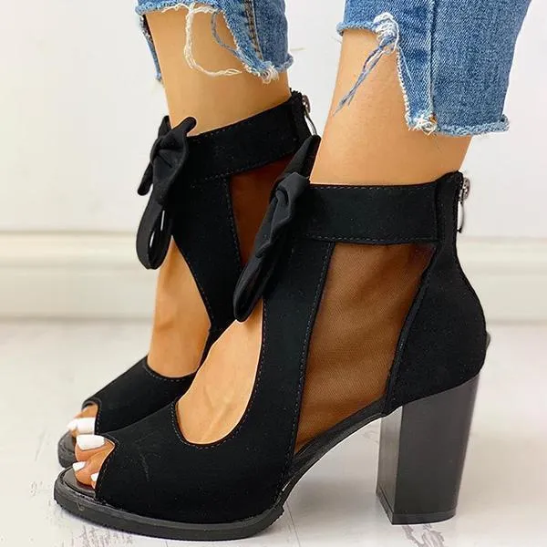 Sohiwoo Mesh Chunky Block Heels Bowknot Strappy Sandals